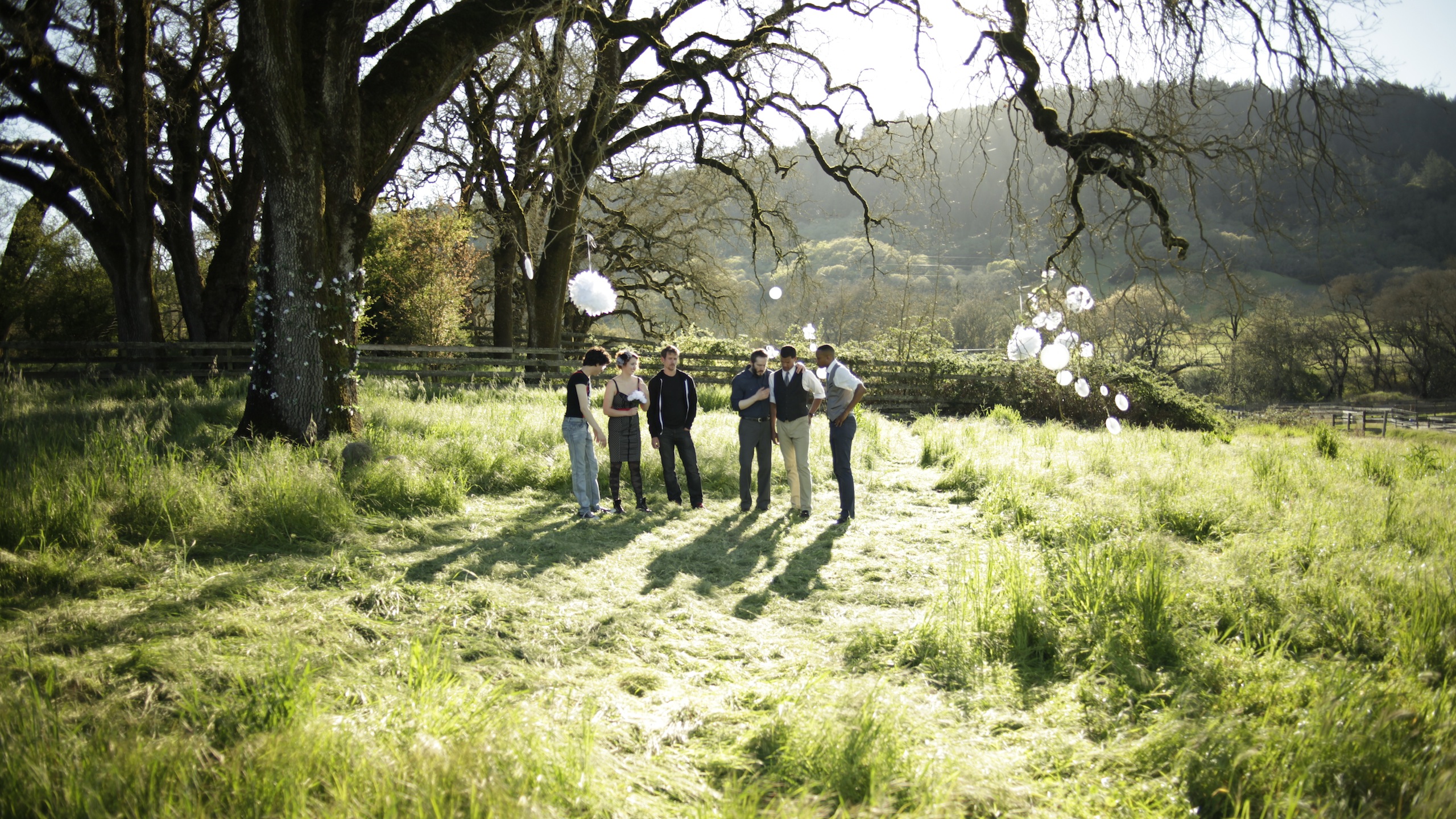The wedding party gets ready under a tree in Santa Rosa, California.